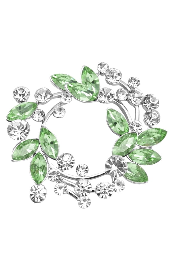 Marquise Green Colored, Rhinestones Leaf Floral Wreath Design Brooch Pin