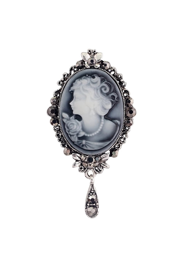 Womens Rhinestones Grey Purple Vintage Antique Tear Drop Cameo Lady Brooch Pin (Grey)