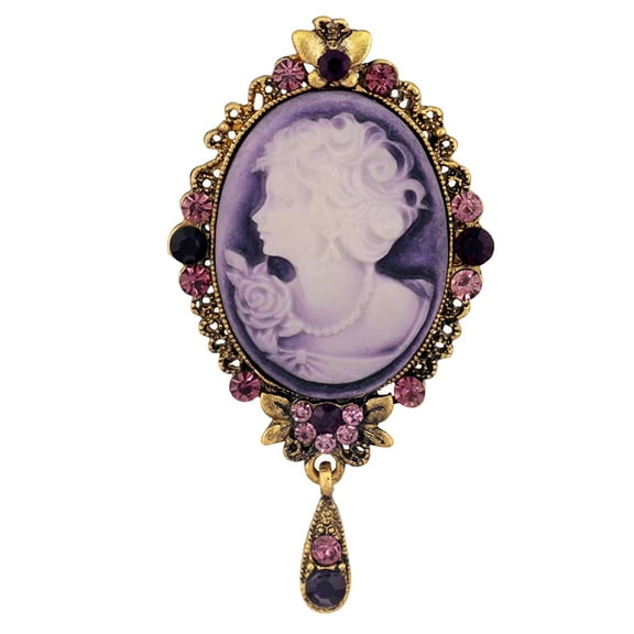 Womens Rhinestones Grey Purple Vintage Antique Tear Drop Cameo Lady Brooch Pin (Purple)