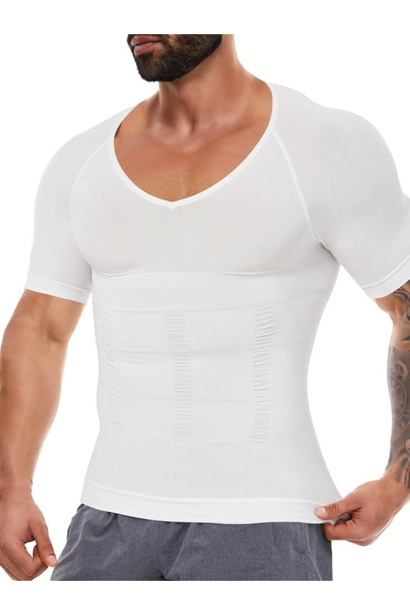 Gynecomastia Compression Shirts for Men Shapewear Tummy Control Body Shaper Undershirt V-Neck Workout Baselayer T-Shirt