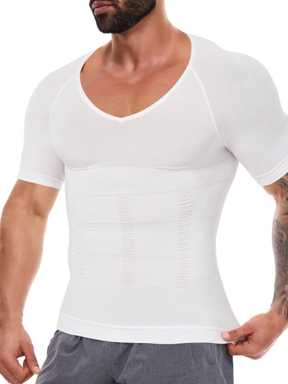 Gynecomastia Compression Shirts for Men Shapewear Tummy Control Body Shaper Undershirt V-Neck Workout Baselayer T-Shirt