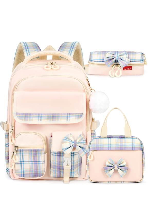 School Backpack Set for Girls, Cute Girl Kids School bag With Lunch Box Pencil Case Set for Elementary Preschool Middle, Light Pink