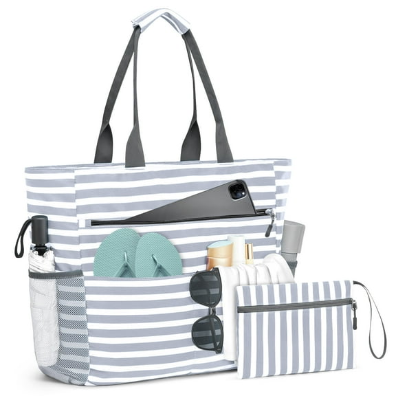 Gykny Beach Bag Tote Bag For Women With Waterproof Bag Sand Proof Large Capacity With 9 Pockets Extra Gift Small Purse Included Foldable For Beach Gym Pool Travel Camping, White