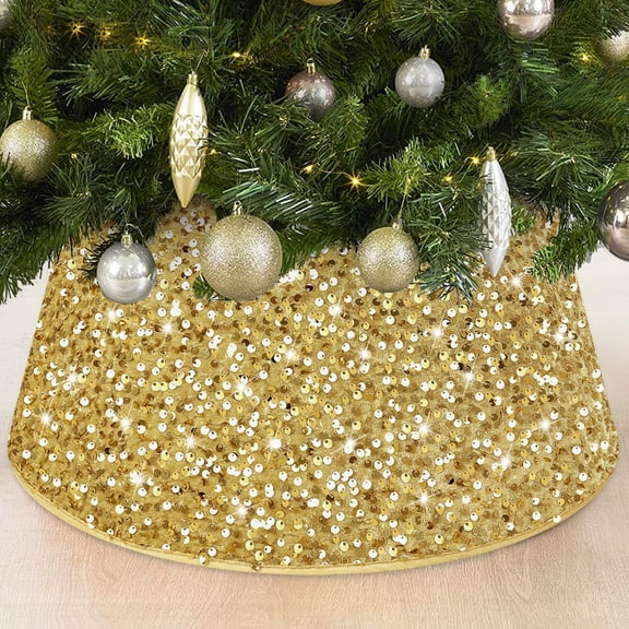 Gynky Christmas Tree Collar Christmas Tree Skirts Christmas Tree Stand Collar Basket Round Base Cover Shiny Glitter 23.6 inch Gold