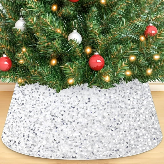 Gynky Christmas Tree Collar Christmas Tree Skirts Christmas Tree Stand Collar Basket Round Base Cover Shiny Glitter 23.6 inch silver