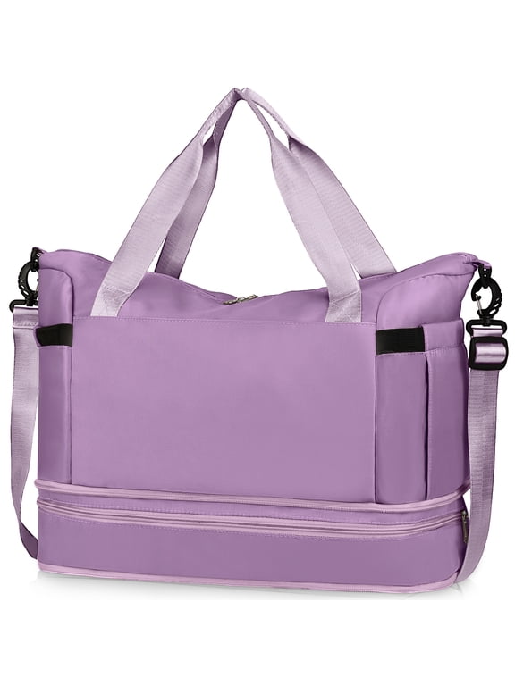 55L Duffle Bag with Shoes Compartment, Gym Bag with Wet Dry Pocket for Women men, Waterproof Weekender Bags Overnight Bag (Purple)