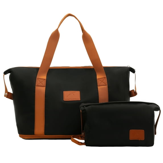 Gynky Travel Duffel Bag 2 Set Weekender Bags for Women Large Expandable with Make up Bag Carry On Overnight Gym Duffel Bags with Wet Pocket Hospital Bags for Labor and Delivery Black