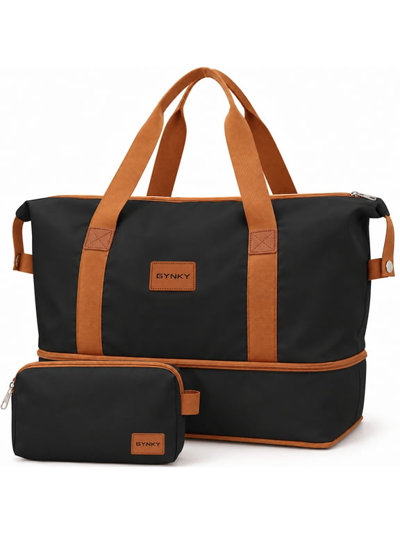 Travel Duffel Bag 2 Set Weekender Bags for Women Large Expandable with Make up Bag Carry On Overnight Gym Duffel Bags with Wet Pocket Hospital Bags for Labor and Delivery Black