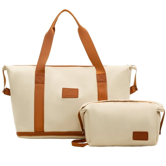 Gynky Travel Duffel Bag 2 Set Weekender Bags for Women Large Expandable with Make up Bag Carry On Overnight Gym Duffel Bags with Wet Pocket Hospital Bags for Labor and Delivery Khaki