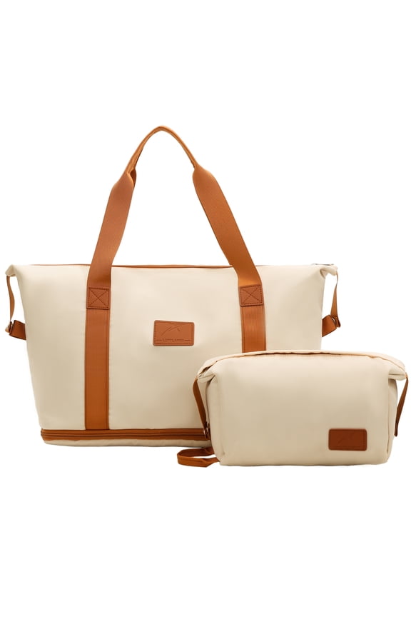 Travel Duffel Bag 2 Set Weekender Bags for Women Large Expandable with Make up Bag Carry On Overnight Gym Duffel Bags with Wet Pocket Hospital Bags for Labor and Delivery Khaki