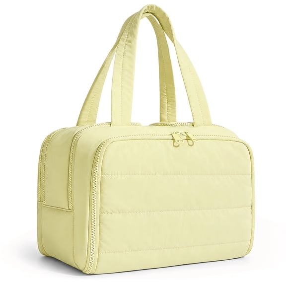 Gynky Makeup Bags Puffy Travel Toiletry Bag for Women, Lightweight Large Wide-Open Travel Bag Cosmetic Organizer with Handle Water-Resistant Travel Essentials for Toiletries Accessories, Cream Yellow