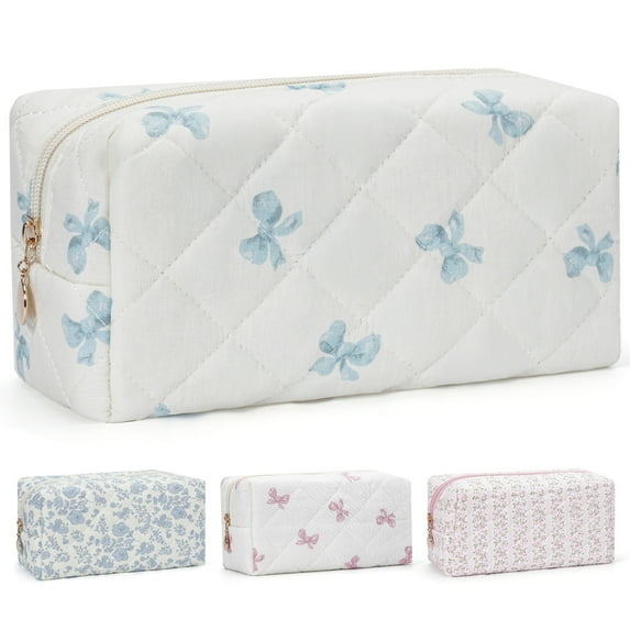 Gynky Quilted Makeup Pouch Cute Cotton Toiletries Bag Travel Zipper Flowers Makeup Bag Portable Storage Cosmetic Travel Cloth Bag
