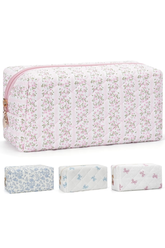 Quilted Makeup Pouch Cute Cotton Toiletries Bag Travel Zipper Flowers Makeup Bag Portable Storage Cosmetic Travel Cloth Bag