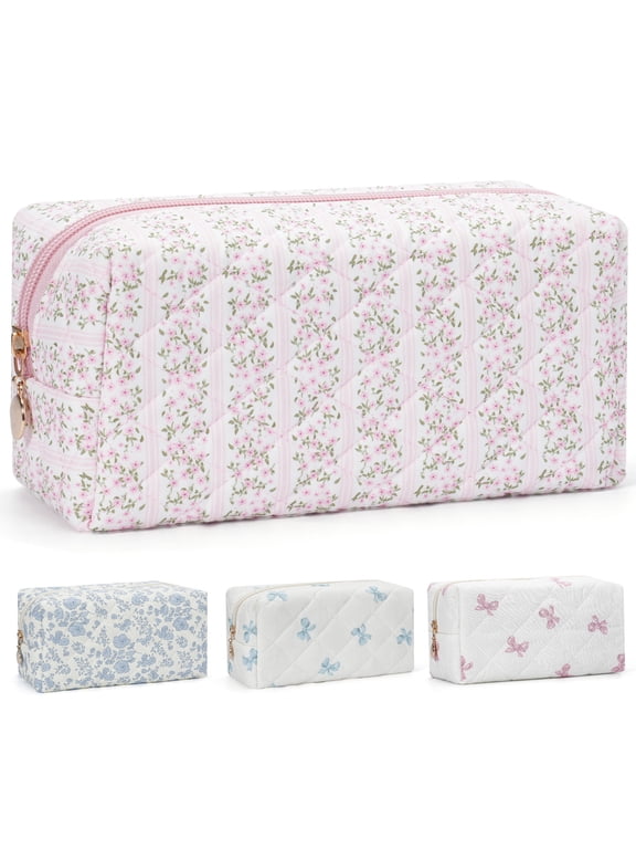 Quilted Makeup Pouch Cute Cotton Toiletries Bag Travel Zipper Flowers Makeup Bag Portable Storage Cosmetic Travel Cloth Bag