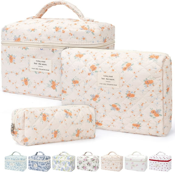 Gynky Makeup Bag Quilted Cosmetic Bag Set Floral Flower Makeup Bag Set for Women Travel Toiletry Bag for Birthday Christmas Girlfriend Teacher Valentines Day Gifts