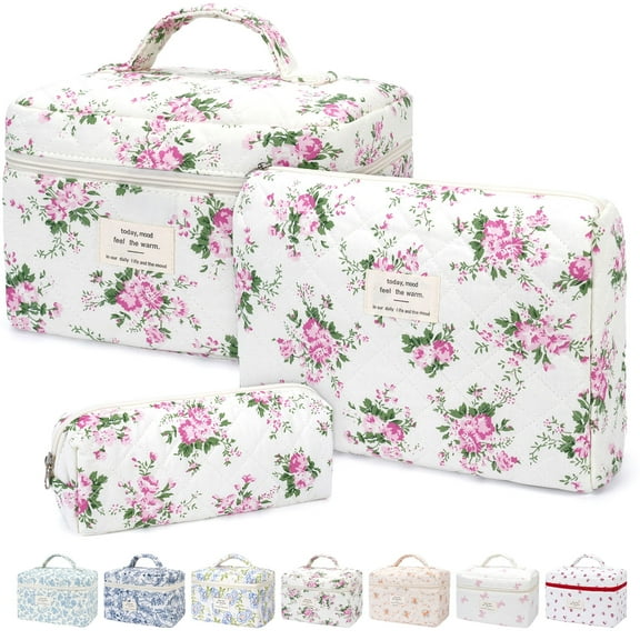 Gynky Makeup Bag Quilted Cosmetic Bag Set Floral Flower Makeup Bag Set for Women Travel Toiletry Bag for Birthday Christmas Girlfriend Teacher Valentines Day Gifts