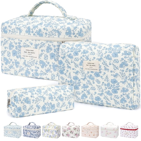 Gynky Makeup Bag Quilted Cosmetic Bag Set Floral Flower Makeup Bag Set for Women Travel Toiletry Bag for Birthday Christmas Girlfriend Teacher Valentines Day Gifts