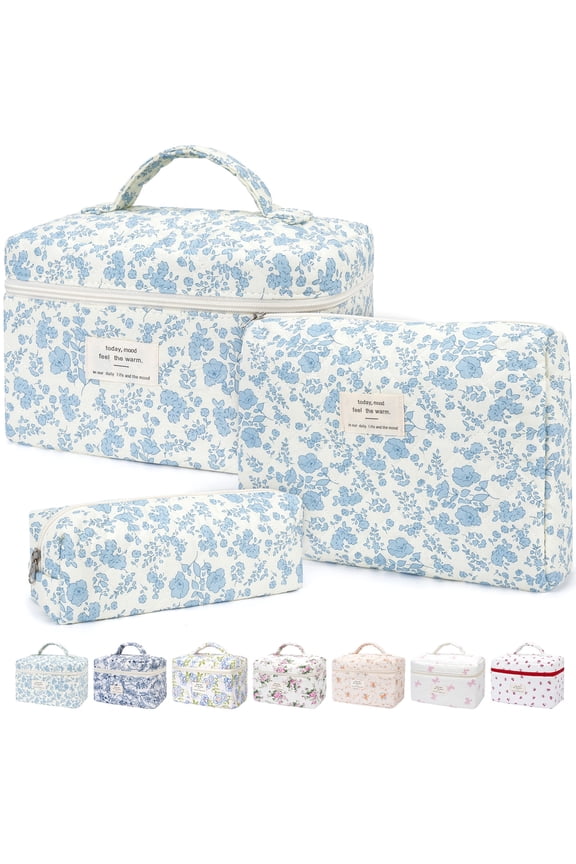 Makeup Bag Quilted Cosmetic Bag Set Floral Flower Makeup Bag Set for Women Travel Toiletry Bag for Birthday Christmas Girlfriend Teacher Valentines Day Gifts