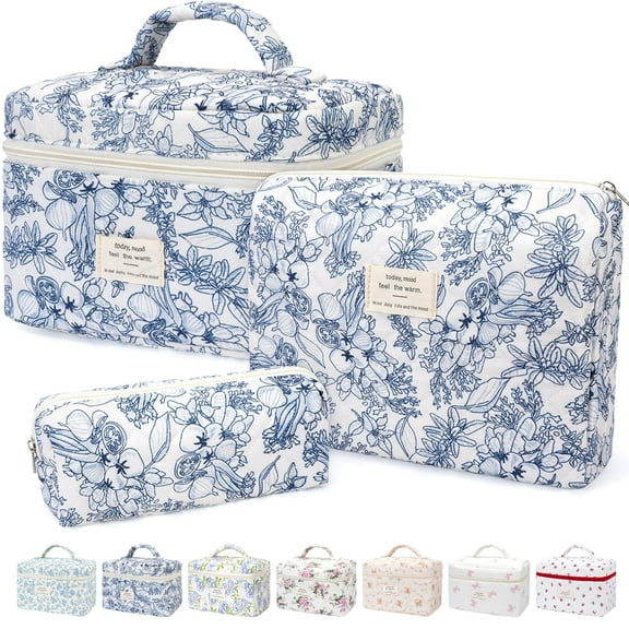 Gynky Makeup Bag Quilted Cosmetic Bag Set Floral Flower Makeup Bag Set for Women Travel Toiletry Bag for Birthday Christmas Girlfriend Teacher Valentines Day Gifts