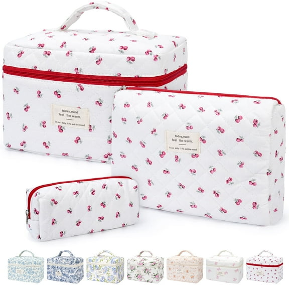 Gynky Makeup Bag Quilted Cosmetic Bag Set Floral Flower Makeup Bag Set for Women Travel Toiletry Bag for Birthday Christmas Girlfriend Teacher Valentines Day Gifts