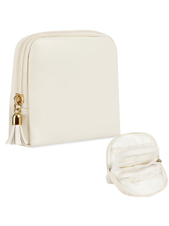 Travel Jewelry Case Small Makeup Bag, Leather Jewelry Pouch with Zipper for Bracelet Rings Earring Pendant Lipstick, Gift for Mom(Beige)