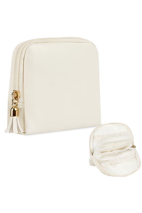 Travel Jewelry Case Small Makeup Bag, Leather Jewelry Pouch with Zipper for Bracelet Rings Earring Pendant Lipstick, Gift for Mom(Beige)