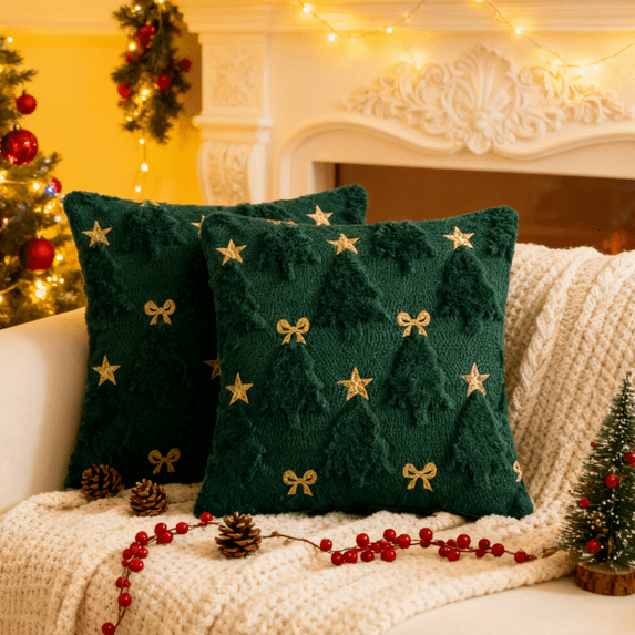 Gynky Christmas Tree Throw Pillow Covers Set of 2, 18"x18" Soft Fluffy Boho Pillowcases Home Decor Winter Holiday Cushion Cases for Sofa Couch Bedroom Living Room Xmas Decoration,Green