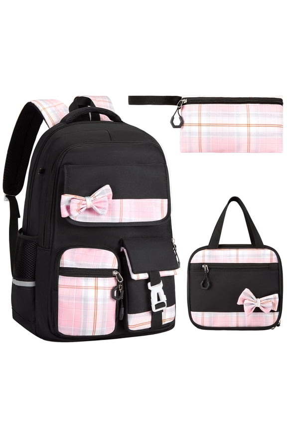 School Backpack Set School Bookbag for Middle School Students Book Bag for Elementary Primary Kawaii Backpack, Black
