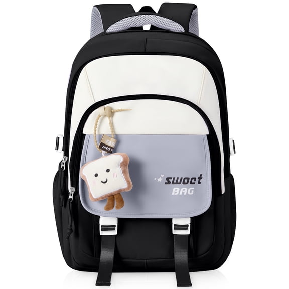 Gynky School Backpack High School Bookbag Durable Large Capacity Lightweight Daypack with Plush Charm for College Students Travel Daypack, Black