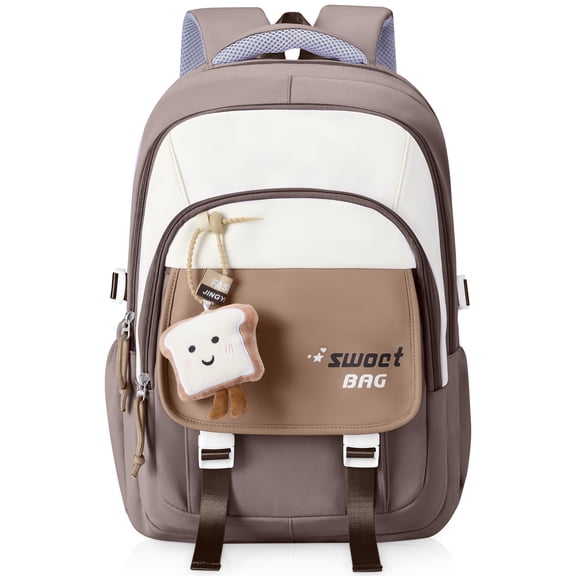Gynky School Backpack High School Bookbag Durable Large Capacity Lightweight Daypack with Plush Charm for College Students Travel Daypack, Khaki