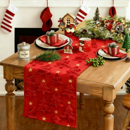Gynky Table Runner Christmas Decorations Soft Plush Faux Fur Jacquard Christmas Trees Seasonal Winter Holiday Kitchen Dining Table Decoration For Indoor Outdoor Home Party Decor 13 x 72 Inch, Red