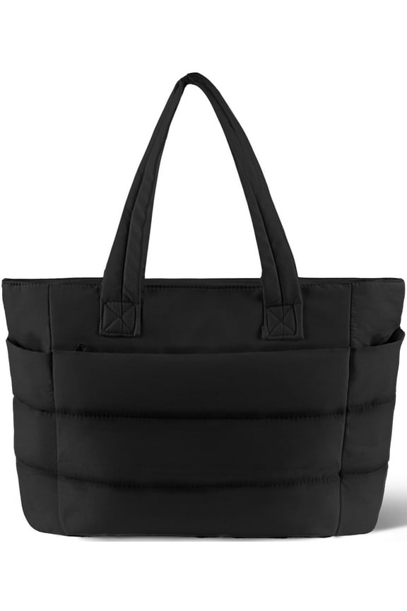 Tote Bag for Women, Lightweight Puffy Tote Handbag, Quilted Satchel Crossbody Bag for Women Work Travel, Black