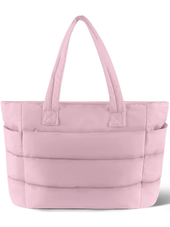 Tote Bag for Women, Lightweight Puffy Tote Handbag, Quilted Satchel Crossbody Bag for Women Work Travel, Pink