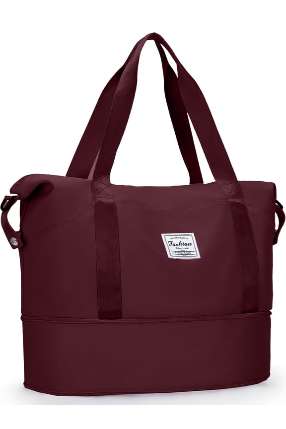 Travel Duffel Bag for Women Men Waterproof Carry On Expandable Duffle Tote Shoulder Weekender Overnight Bags w/ 3 Front Pocket/Wet Dry Pocket/Trolley Sleeve, Sport Dance Gym Luggage, Wine Red