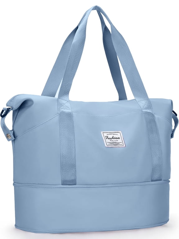 Travel Duffel Bag for Women Men Waterproof Carry On Expandable Duffle Tote Shoulder Weekender Overnight Bags w/ 3 Front Pocket/Wet Dry Pocket/Trolley Sleeve, Sport Dance Gym Luggage, Sky Blue