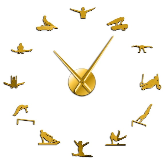 Gynmastics Silhouette Frameless Wall Clock Stickers, DIY Modern Decorative Clocks for Living Room, Bedroom, Office - Easy to Install, Large 3D Clock Design (Gold,27in)