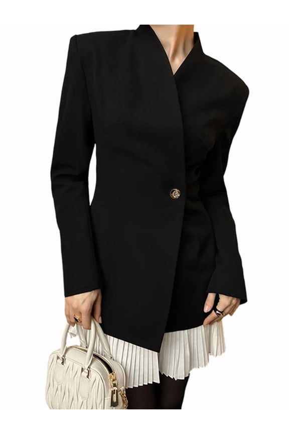 Elegant Women'S Black Slim-Fit Blazer with Pleated Tulle Hem for Versatile Styling S