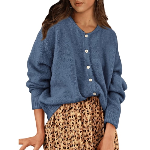 Gynyvoja Long Sleeve Crewneck Button Down Womens Sweaters Spring Open Front Chunky Cardigan for Women Blue L