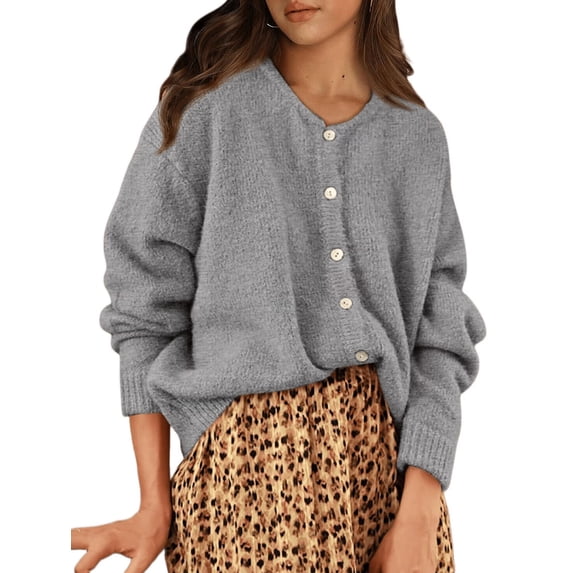 Gynyvoja Long Sleeve Crewneck Button Down Womens Sweaters Spring Open Front Chunky Cardigan for Women Gray M