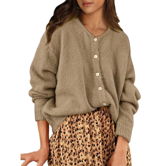 Gynyvoja Long Sleeve Crewneck Button Down Womens Sweaters Spring Open Front Chunky Cardigan for Women Khaki XL