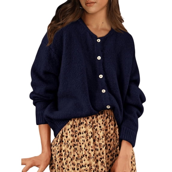 Gynyvoja Long Sleeve Crewneck Button Down Womens Sweaters Spring Open Front Chunky Cardigan for Women Navy Blue XL