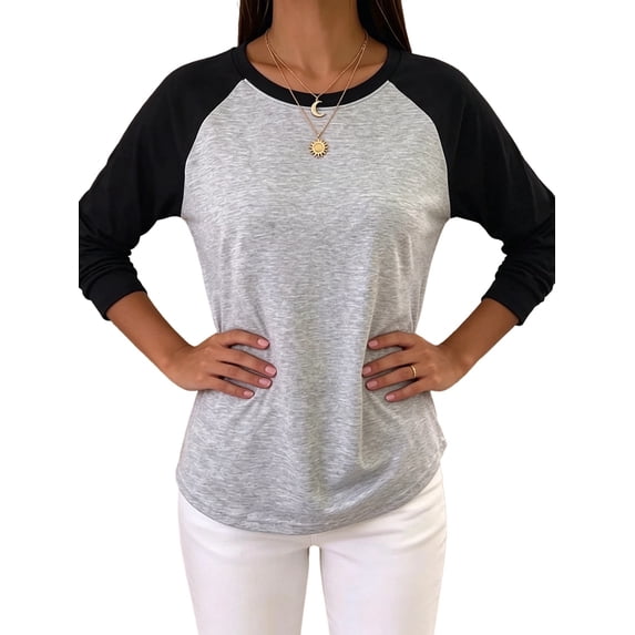 Gynyvoja Long Sleeve Shirts for Women Color Block Raglan Tops Casual Crewneck Basic Tees Fall Fashion Gray L