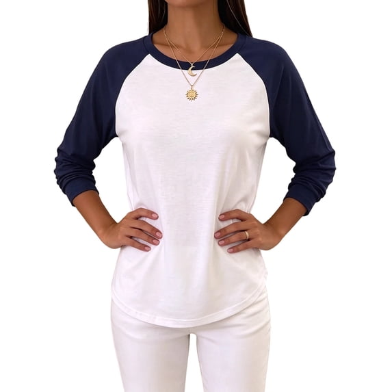 Gynyvoja Long Sleeve Shirts for Women Color Block Raglan Tops Casual Crewneck Basic Tees Fall Fashion Navy Blue XL