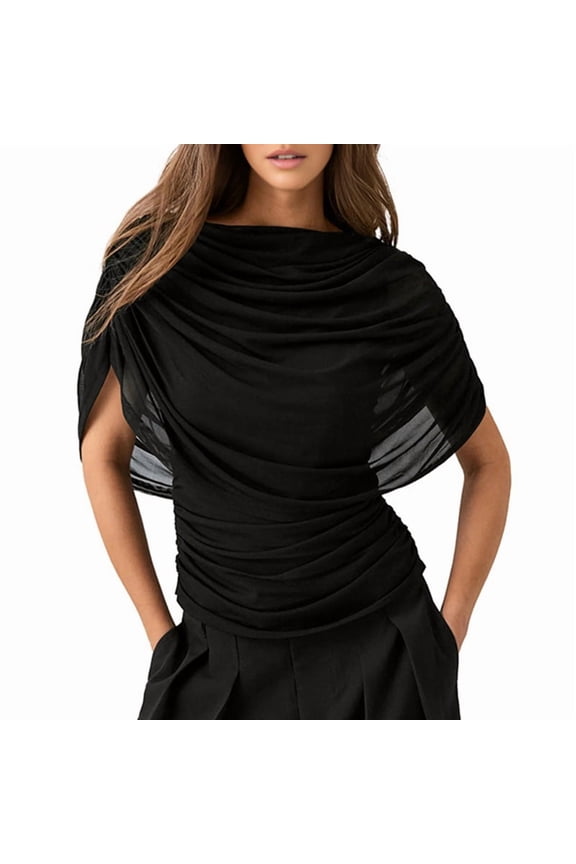 Mesh Tops for Women, Draped Neck Tops,Stylish and Sensational Mesh Blouses for Fashion-Forward Ladies Black L
