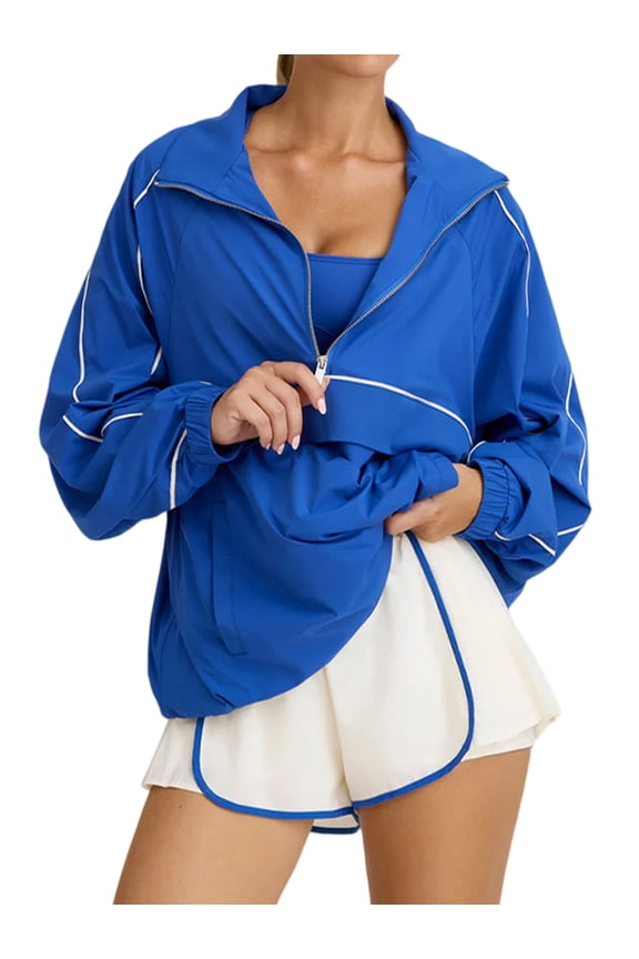 Quarter Zip Pullover Women Windbreaker Jacket Running Hiking Outdoor Pullover with Pocket Blue L