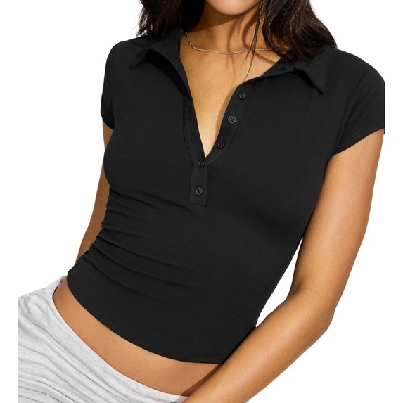Gynyvoja Women Casual Shirts Deep V Neck Cap Sleeve Tops Collared Summer Tee Black L