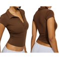 thumbnail image 1 of Gynyvoja Women Casual Shirts Deep V Neck Cap Sleeve Tops Collared Summer Tee Brown S, 1 of 8
