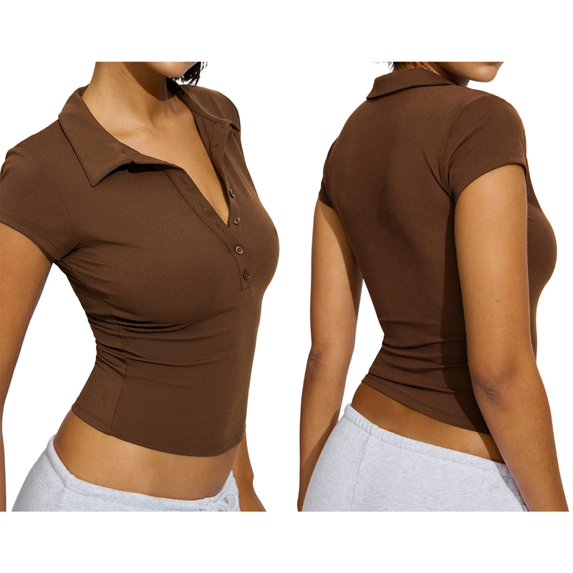 Gynyvoja Women Casual Shirts Deep V Neck Cap Sleeve Tops Collared Summer Tee Brown S