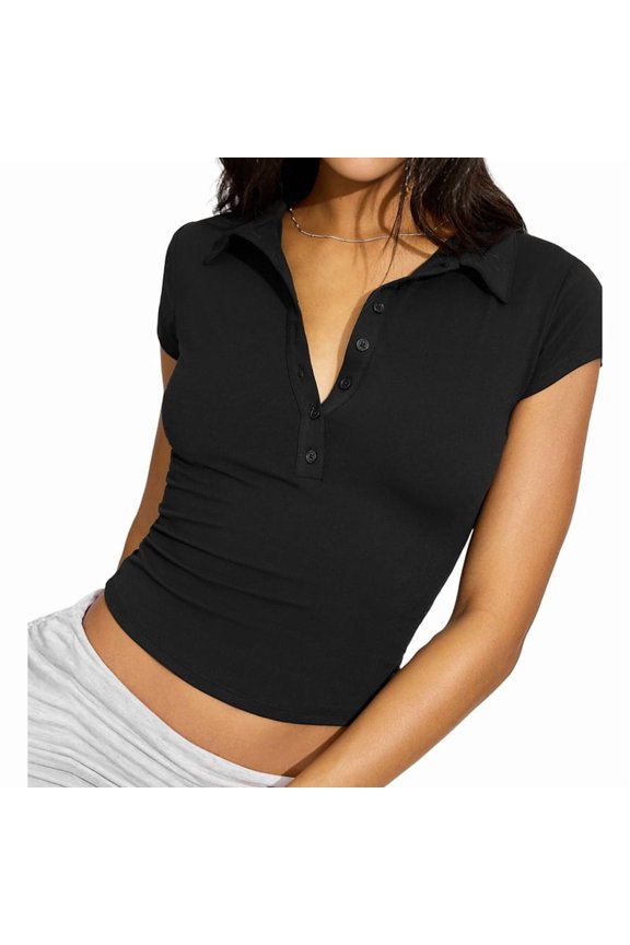 Women Casual Shirts Deep V Neck Cap Sleeve Tops Collared Summer Tee