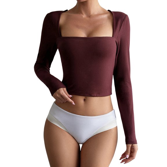 Gynyvoja Women Double Lined Long Sleeve Tops Square Neck Shirt Going Out Tops Rose Red L